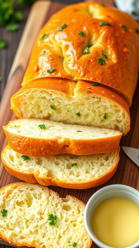 Garlic Butter Bread Recipe Sliced garlic butter bread on a wooden board, glistening with melted butter and garnished with parsley.